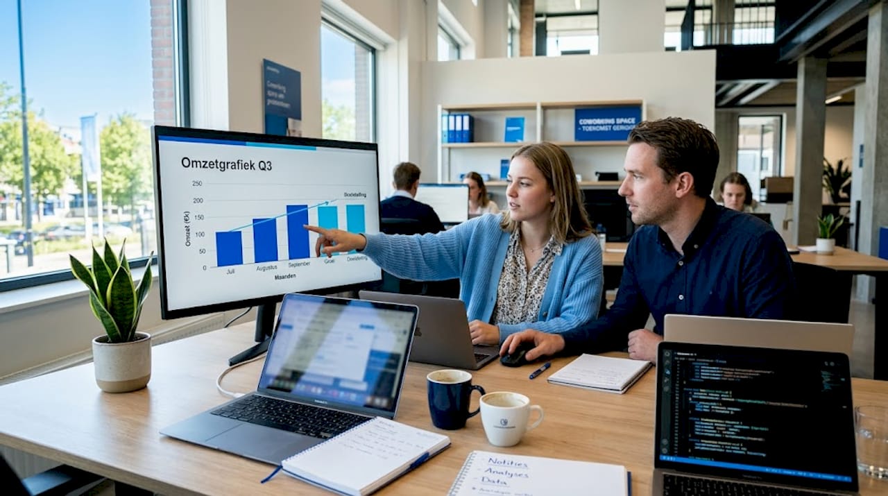 Twee collega’s bespreken samen de omzetcijfers bij een grafiek. Definitie van scale-up