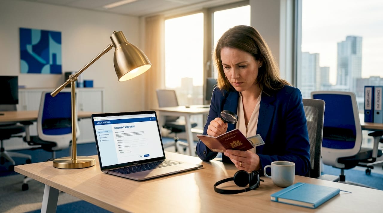 Een compliance officer controleert de geldigheid van identiteitsbewijzen.