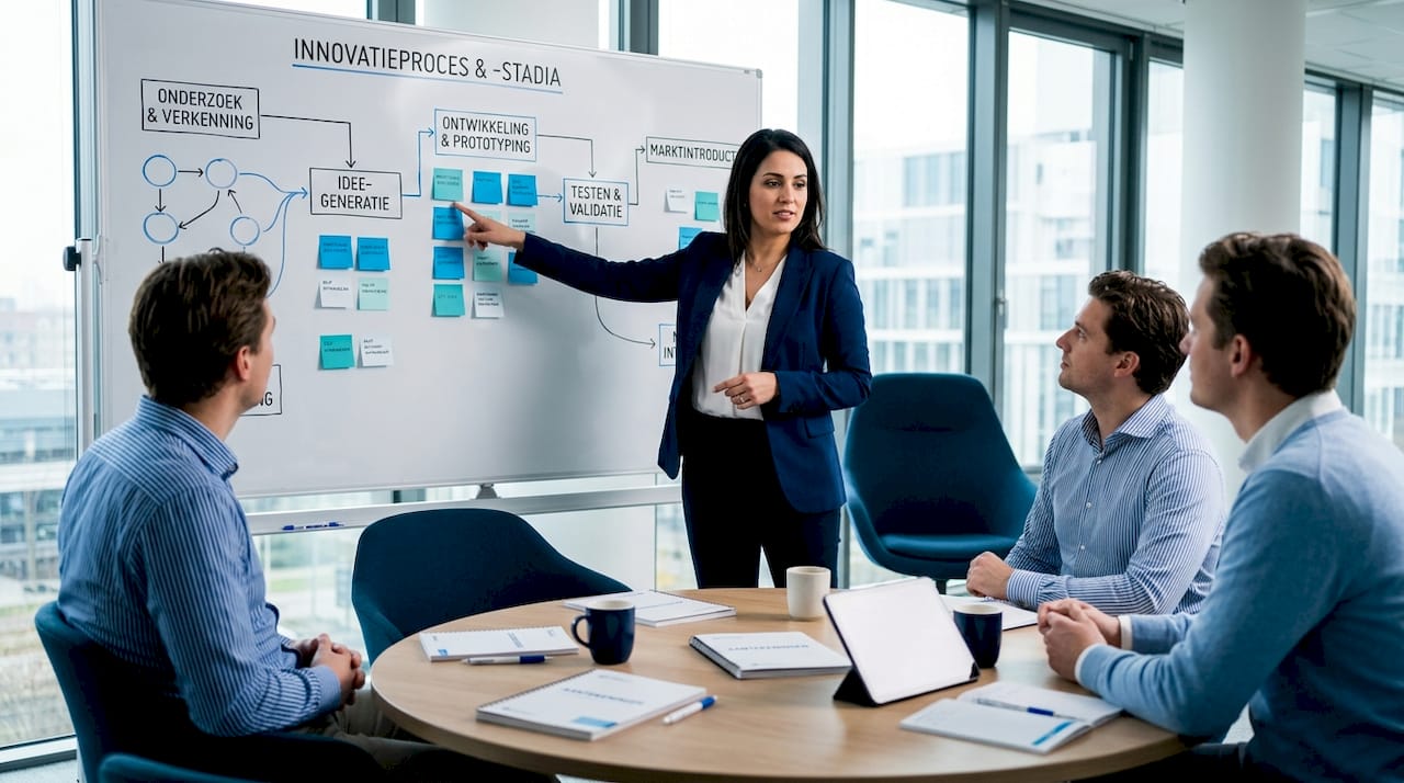 Het team overlegt over een gestructureerde aanpak voor innovatie.