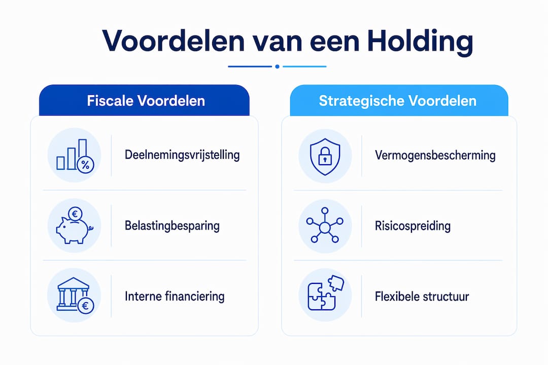 Infographic met een overzicht van de fiscale en strategische voordelen van een holdingstructuur