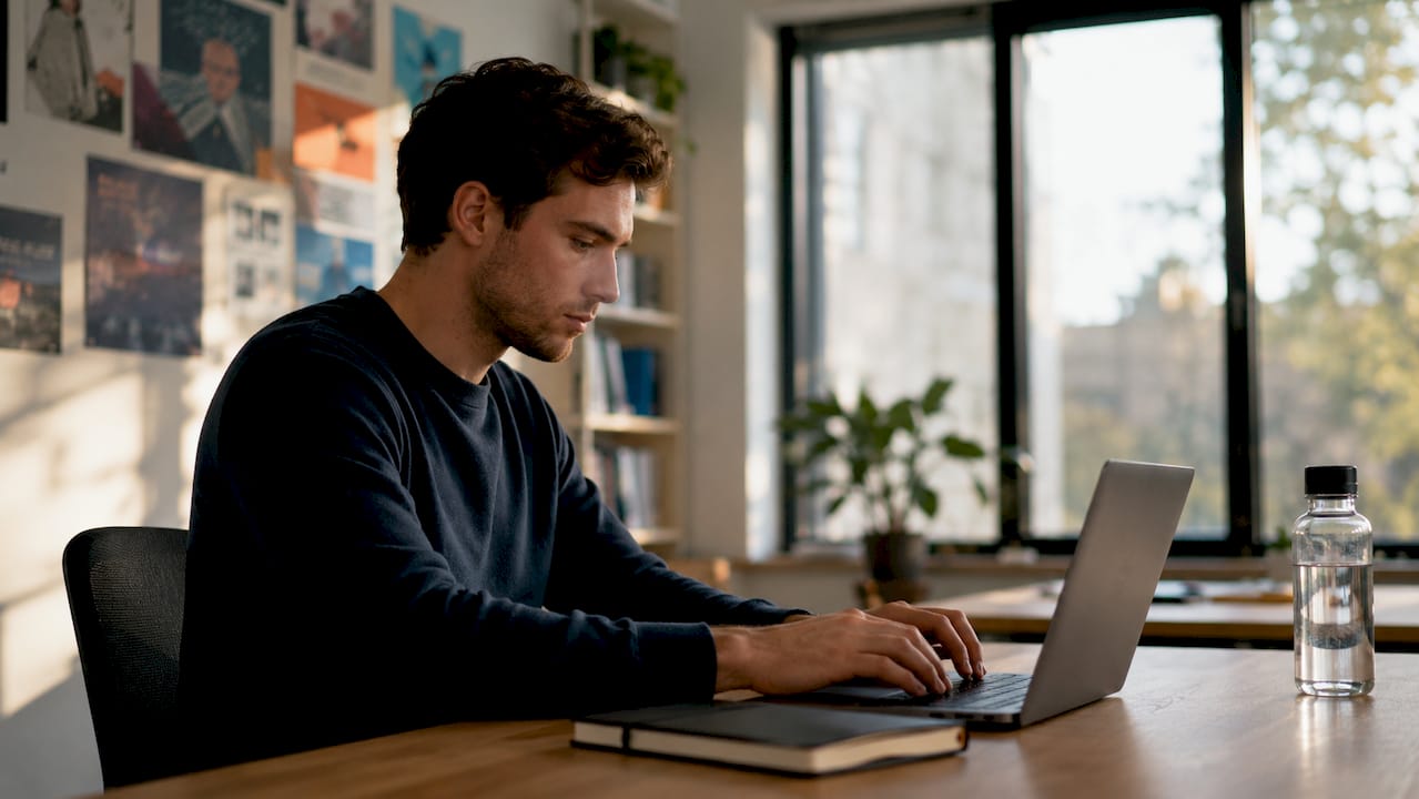 Een IT-specialist aan het werk achter zijn laptop in een hippe startup-omgeving.