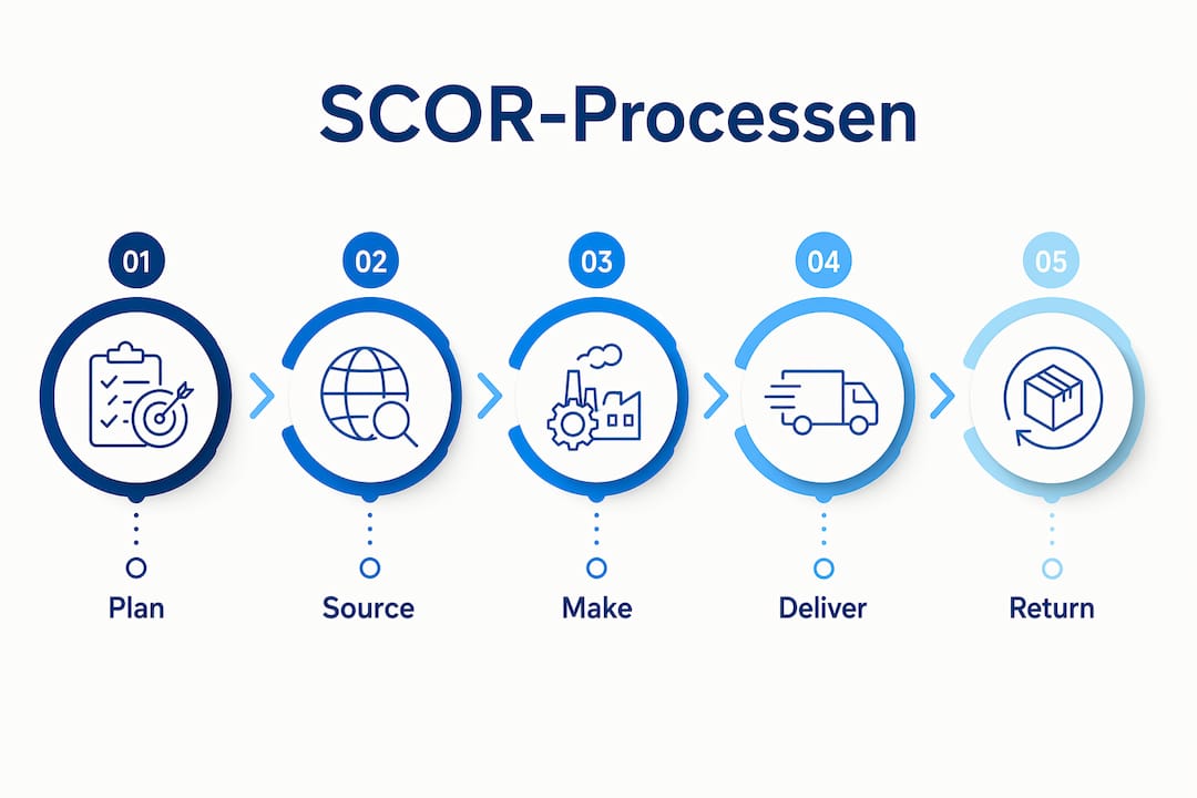 Overzicht van de processtappen volgens het SCOR-model in beeld gebracht