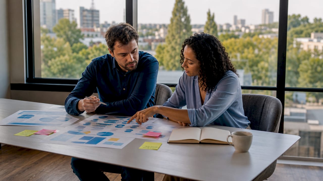 Twee ondernemers zitten aan tafel en wisselen van gedachten over verschillende businessmodellen.