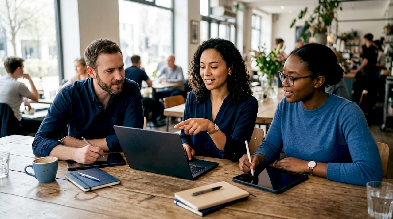 Het team buigt zich samen over de voordelen van werken in de cloud.