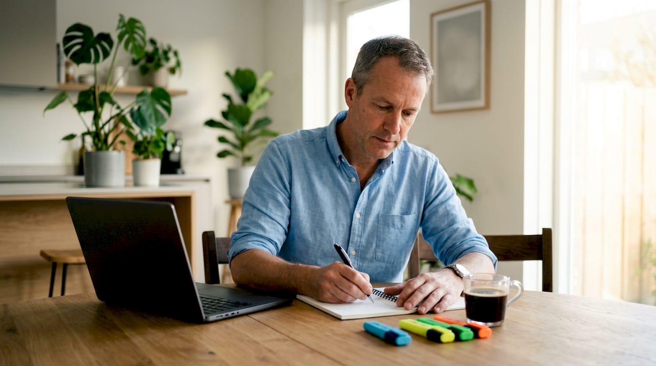 Man zit geconcentreerd thuis aan zijn bureau notities te maken om productief te blijven.