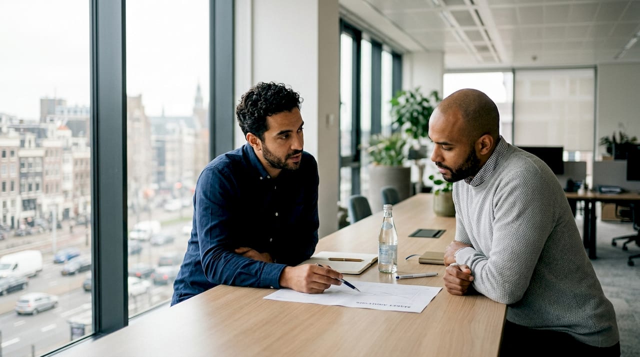 Twee mannen zitten samen aan tafel en bespreken de marktontwikkelingen.