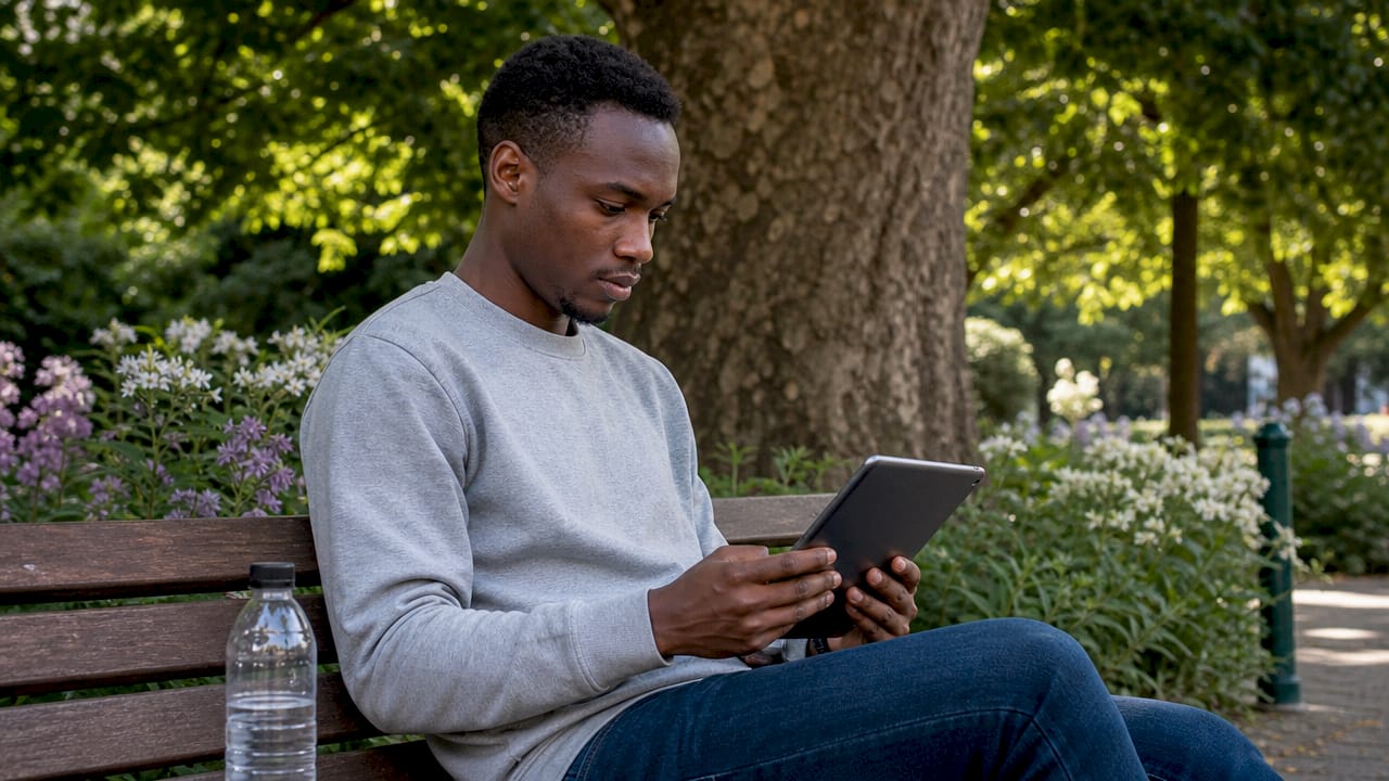 Jonge medewerker verkent carrièremogelijkheden op zijn tablet
