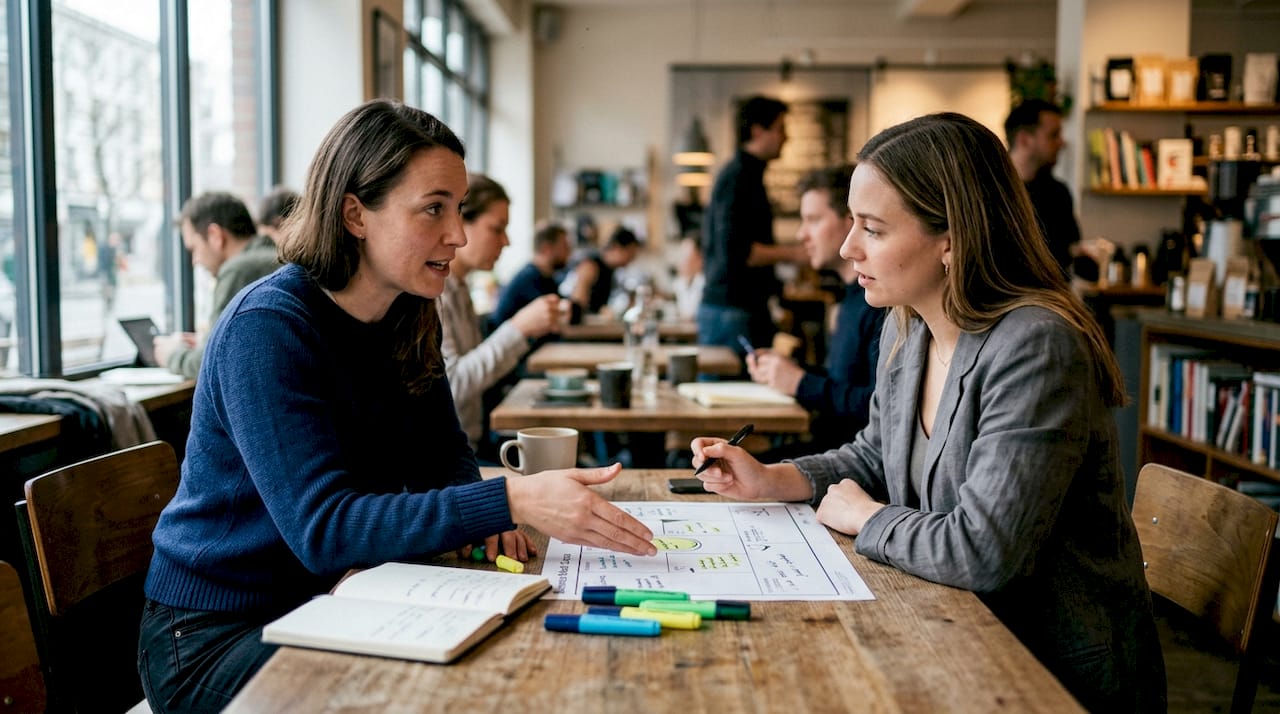 Twee ondernemers zitten samen om hun businessmodel canvas onder de loep te nemen.