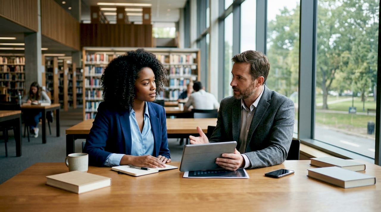 Een ondernemer en een adviseur zitten samen om tafel om financiële plannen door te nemen.