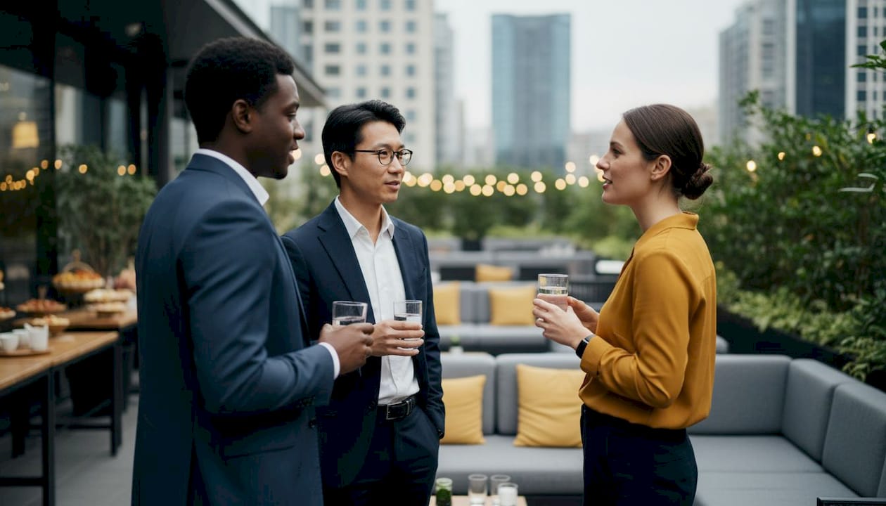 Professionals uit verschillende vakgebieden leggen actief nieuwe contacten tijdens het netwerkevenement.