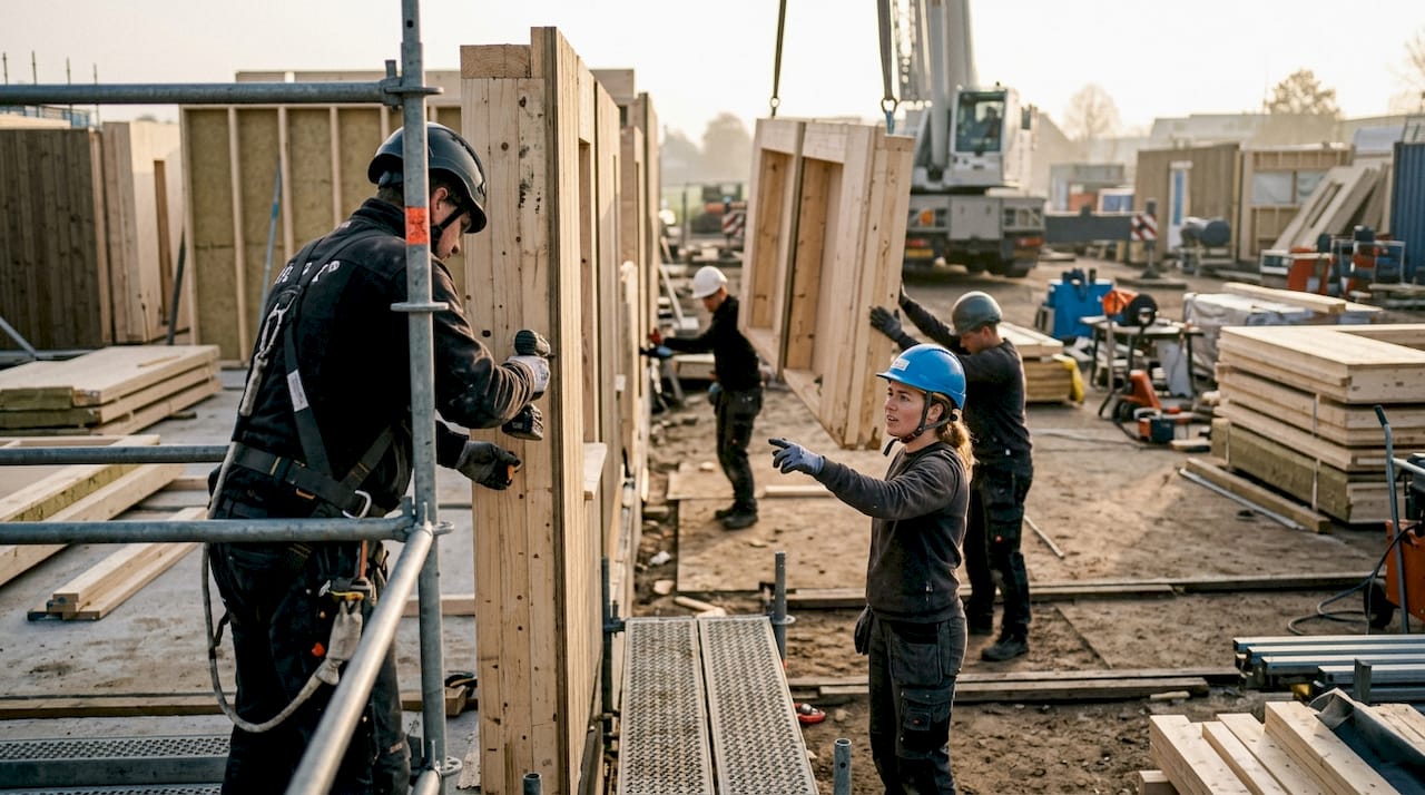 Op de bouwplaats zetten vakmensen prefab houten onderdelen in elkaar.