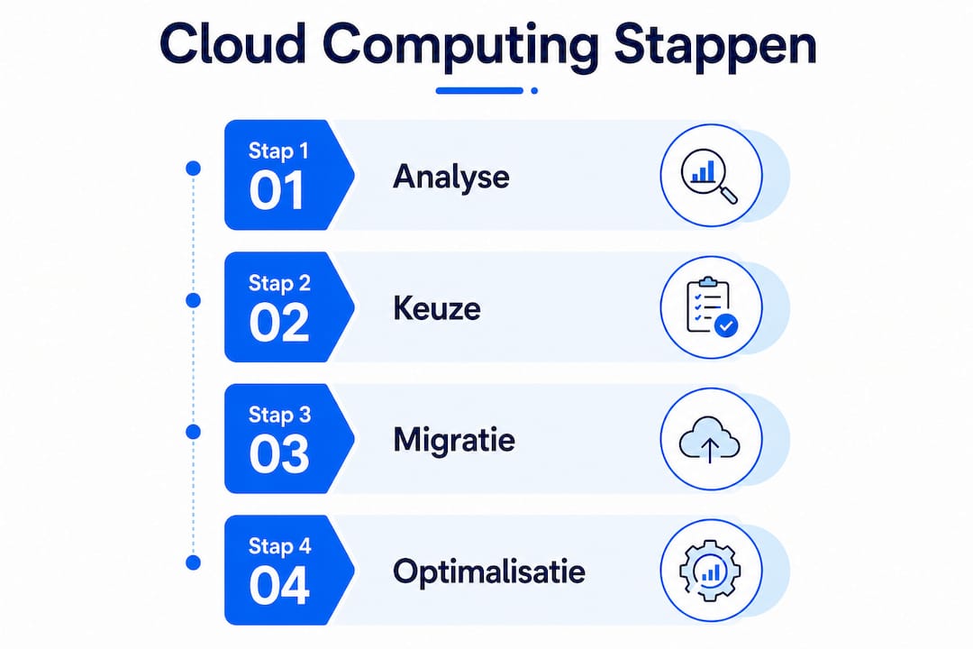 Overzichtelijke infographic met een praktisch stappenplan voor het kiezen en implementeren van cloud computing