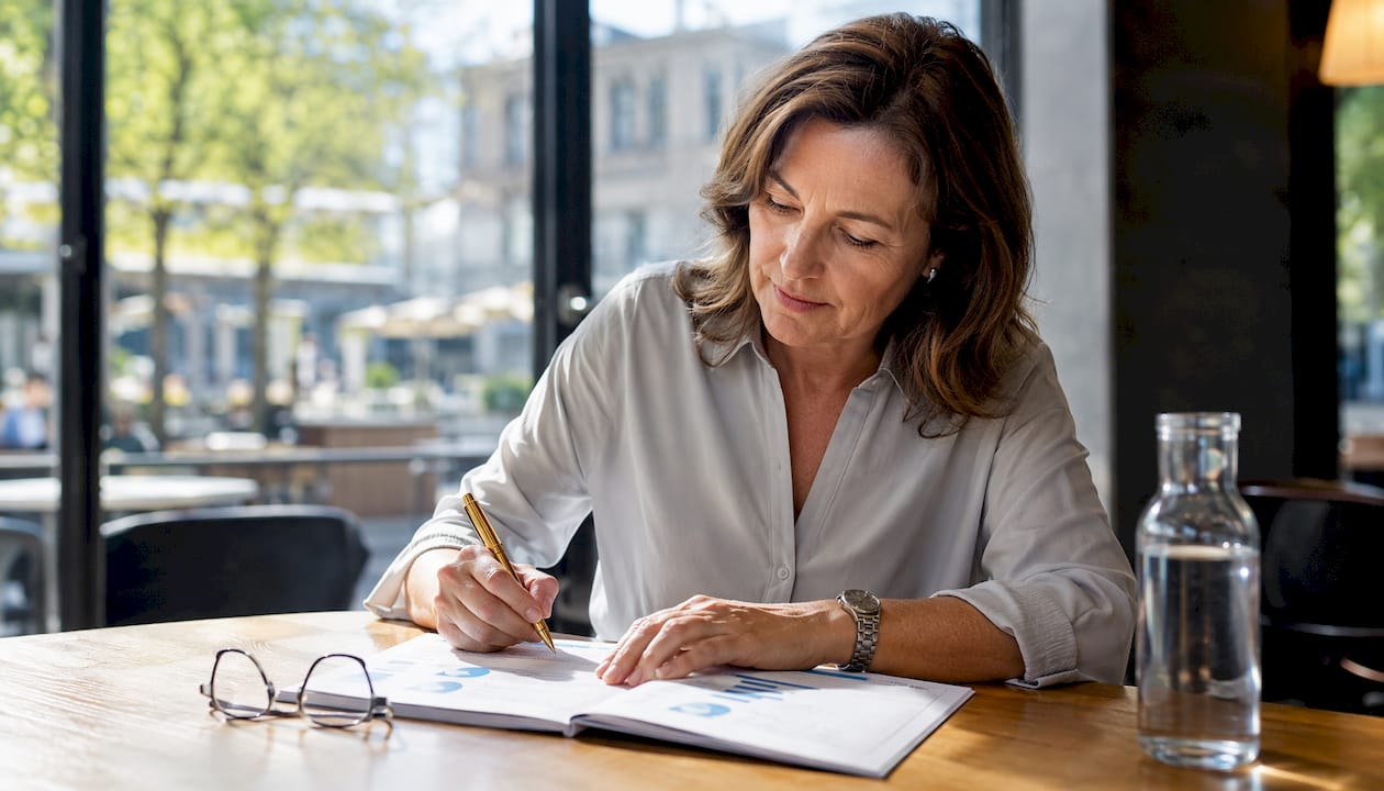 Een vrouw verdiept zich in toegankelijke informatie over beleggen.