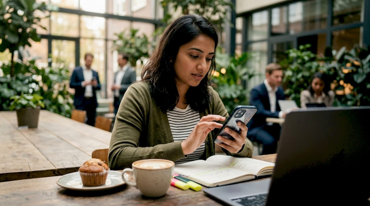 Op een zonnig terras zit een vrouw met haar smartphone, terwijl ze het lokale nieuws doorneemt en filtert wat haar interesseert.