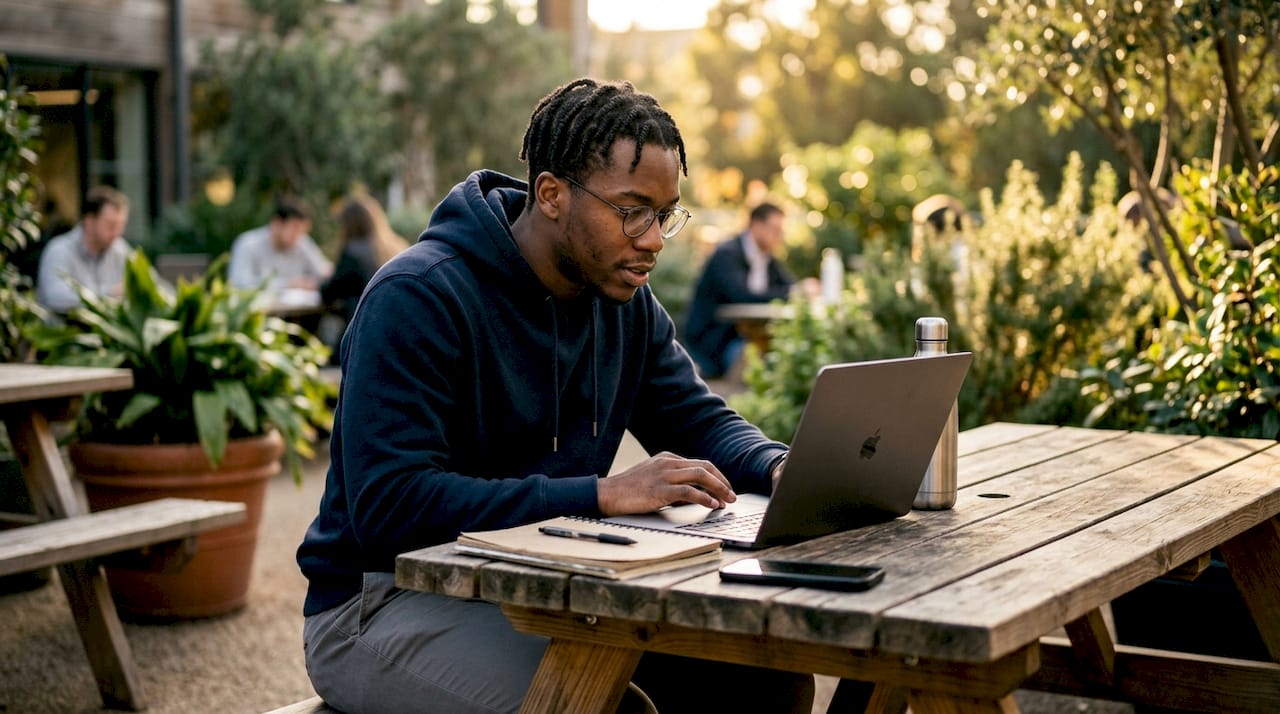 Een man volgt het laatste Nederlandse nieuws op zijn laptop terwijl hij aan het werk is in een gedeelde kantoorruimte.