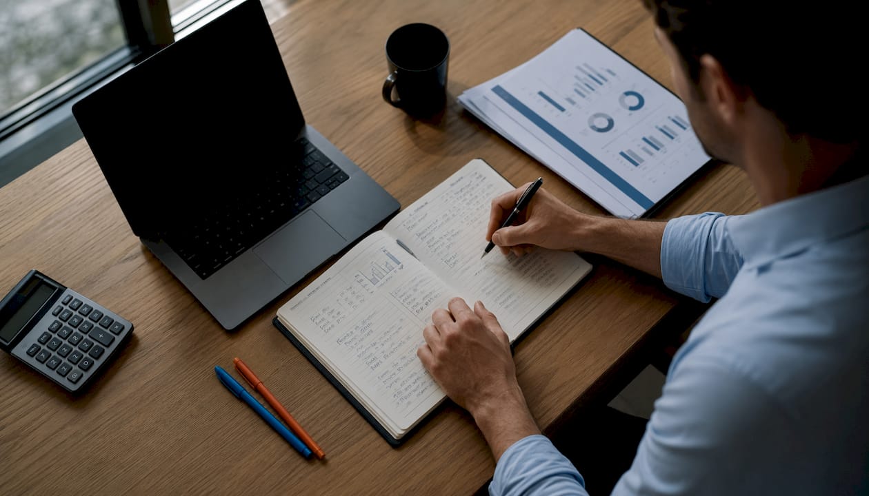 Een financieel analist aan het werk, met pen, calculator en aantekeningen over belangrijke prestatie-indicatoren.