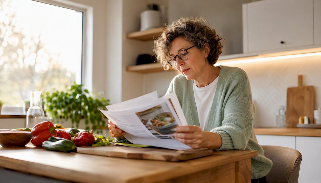 Een vrouw bladert in haar thuiswerkplek door geprinte, persoonlijke foodreviews en laat zich inspireren door de ervaringen van anderen.