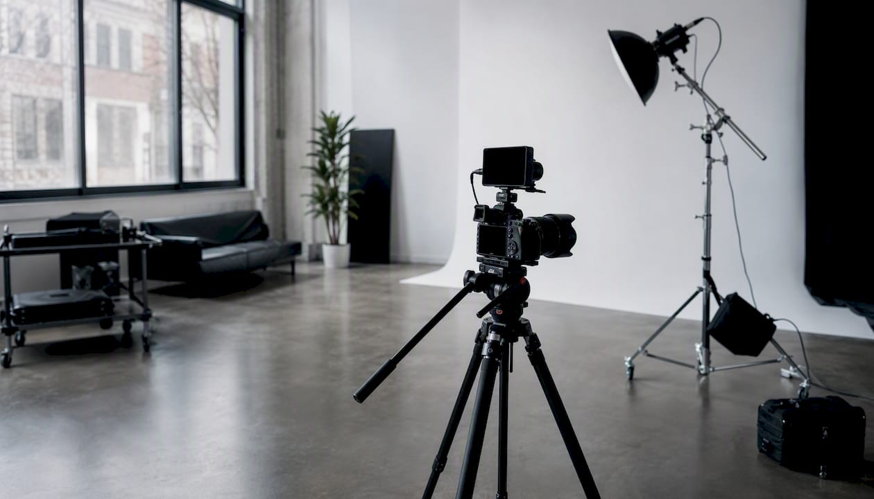 Opstelling voor een video-opname, inclusief belichting en camera.