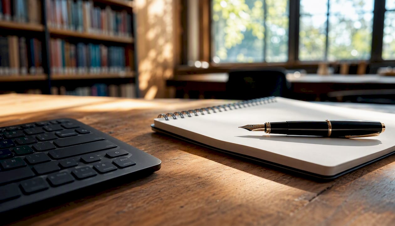 Een verzameling professionele schrijmaterialen netjes geordend op het bureau.