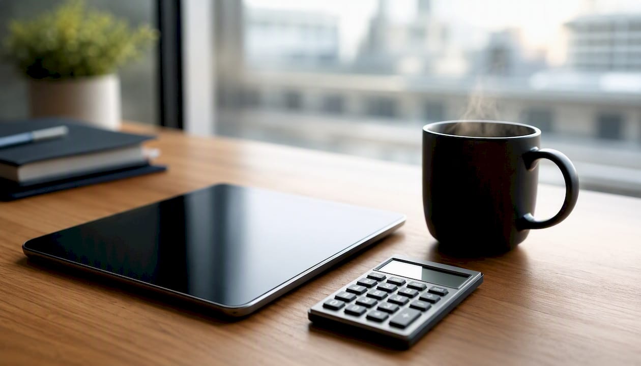 Een bureau met een rekenmachine en een kop koffie, klaar voor een grondige voorbereiding op de financiering.