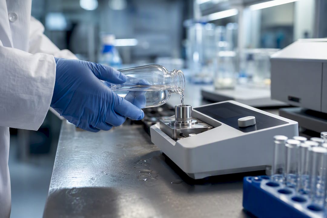 In een laboratorium schenken handen voorzichtig een chemische vloeistof over in een maatglas.