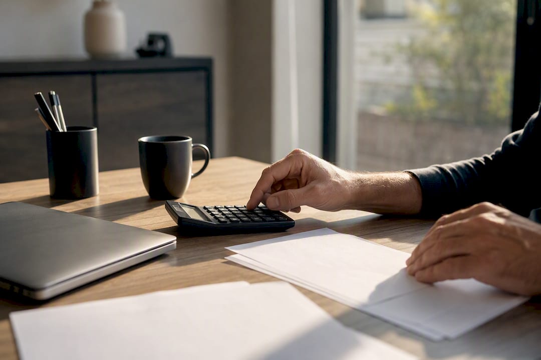Hand die de financiën berekent in een thuiskantoor