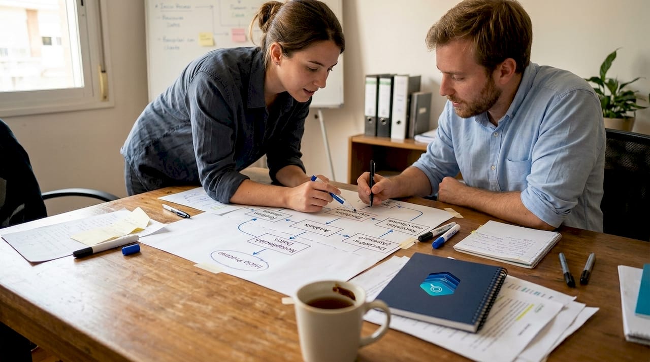 Un equipo de consultores analiza un diagrama para encontrar formas de hacer los procesos más eficientes.