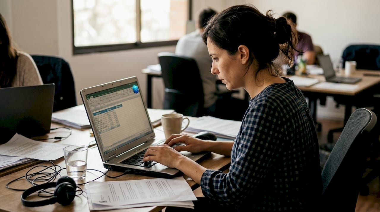 Una trabajadora está registrando información en una hoja de cálculo.