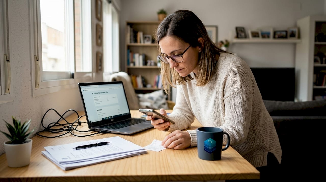 Mujer organizando y digitalizando sus facturas desde la comodidad de su oficina en casa