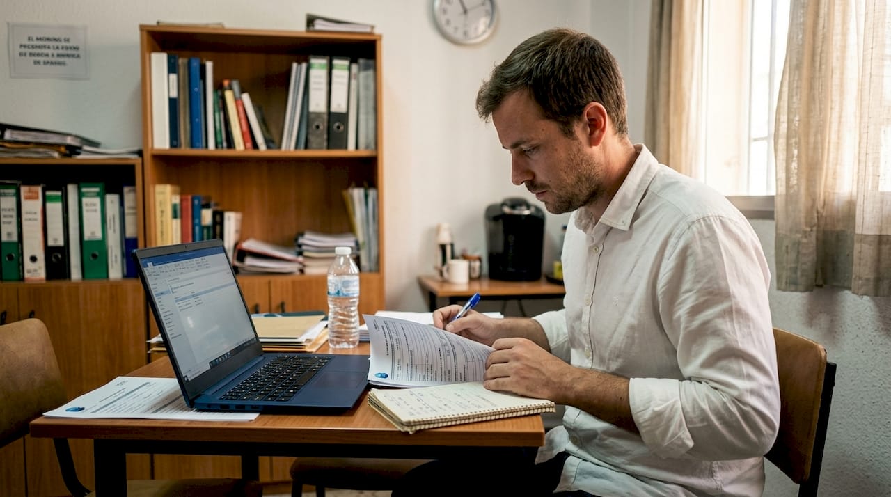 Trabajador revisando documentos y anotaciones sobre su escritorio