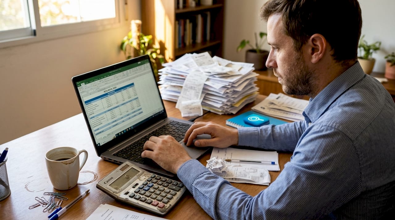 Contable registrando información financiera a partir de facturas