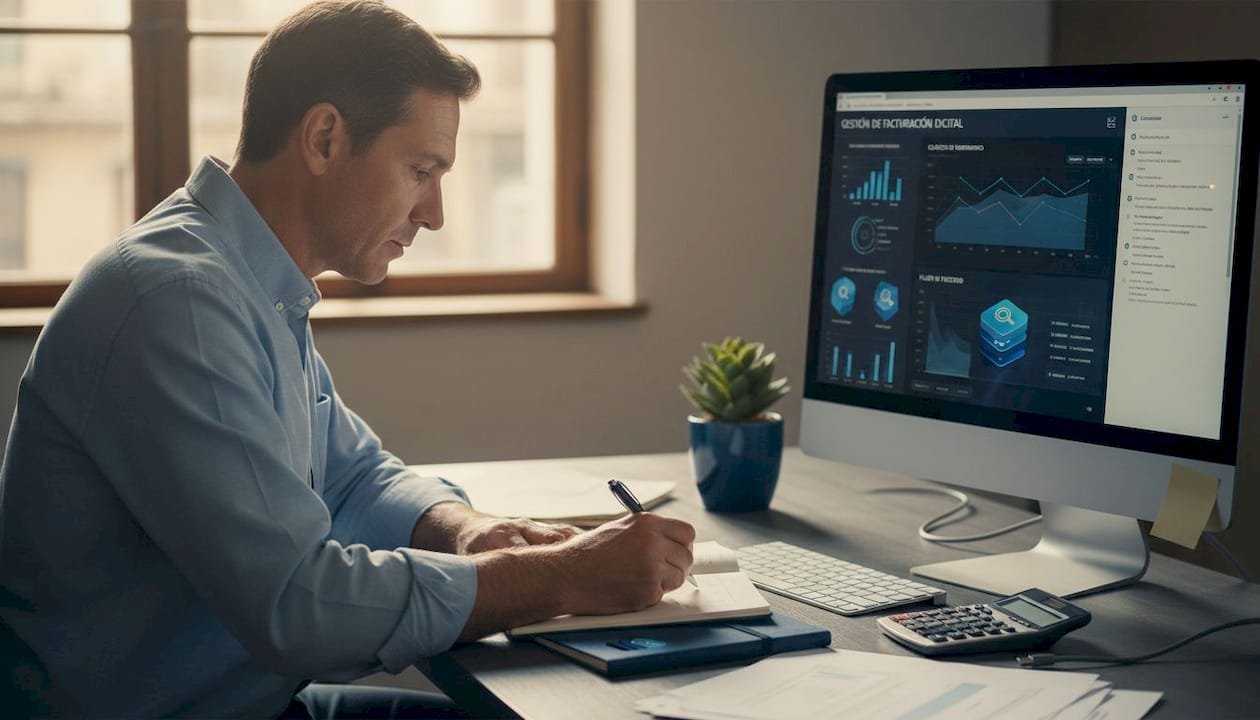 Colaborador revisando el funcionamiento de un software de gestión contable en la oficina