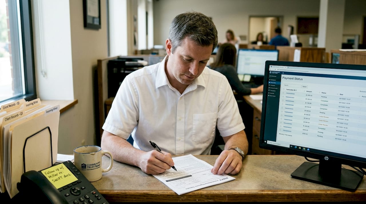 Bank employee processing SWIFT payment paperwork