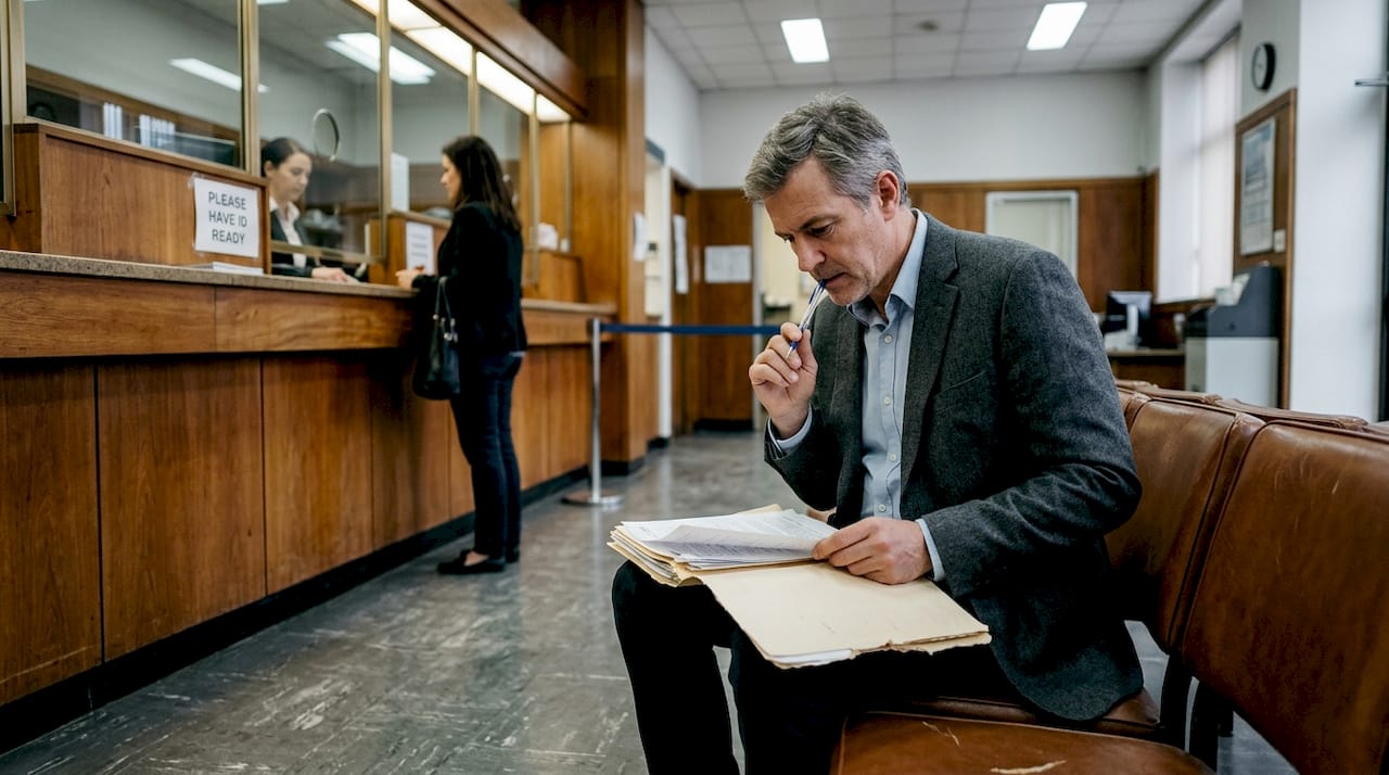 Man waiting with documents in bank branch