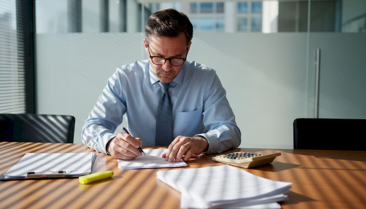 Bank officer reviewing payment compliance documents