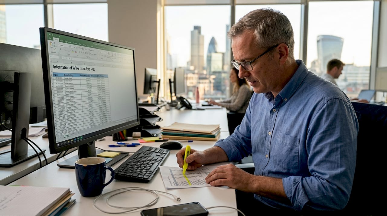 Man reviewing cross-border payments in office