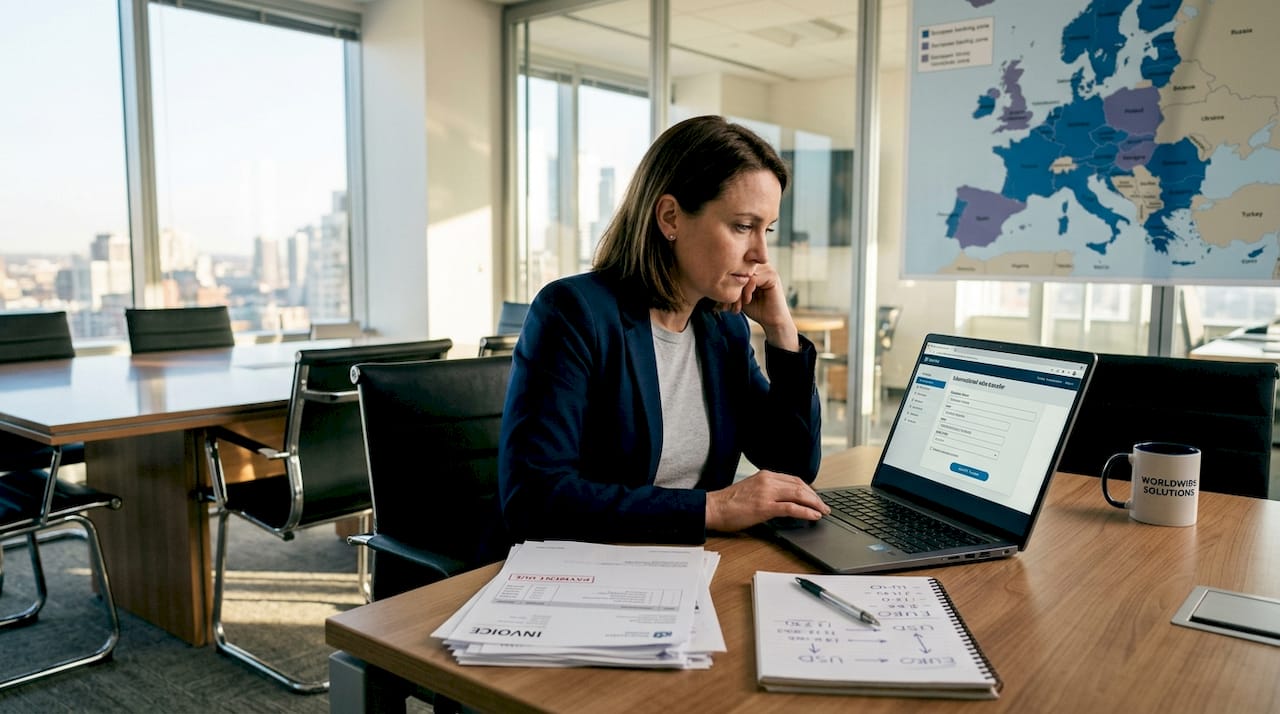 Businesswoman sending international payment workflow