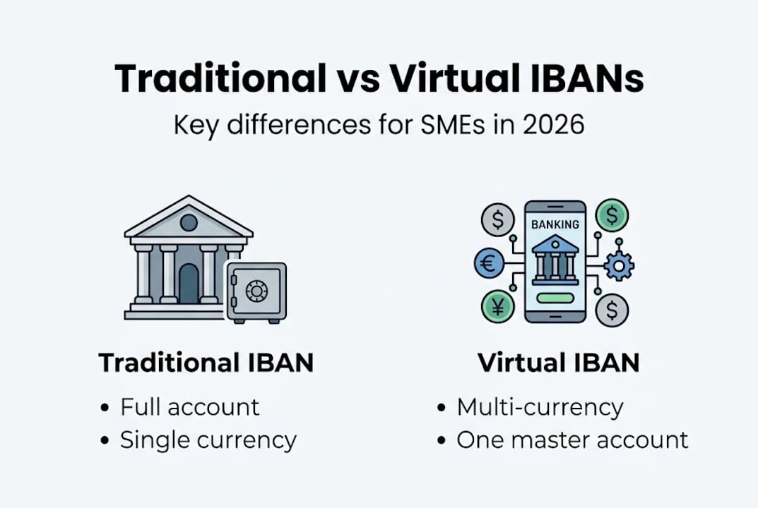 Infographic comparing IBAN and virtual IBAN