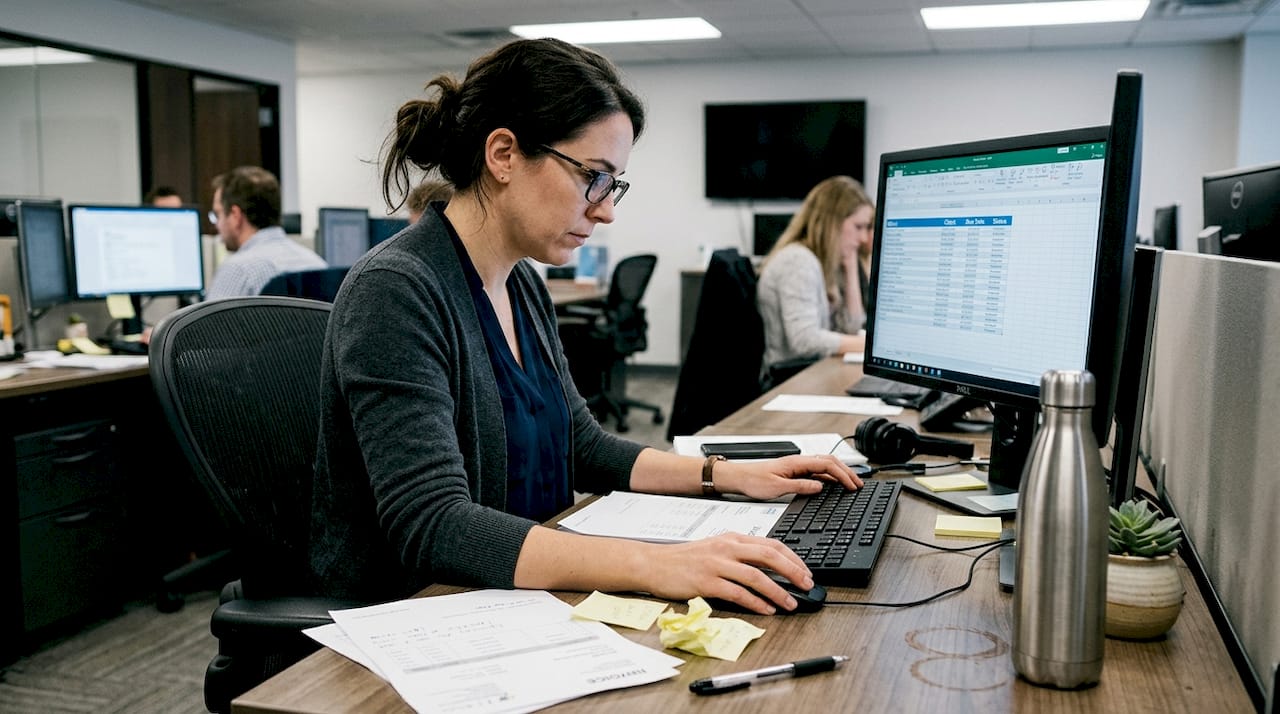 Finance manager updating payment schedule at desk