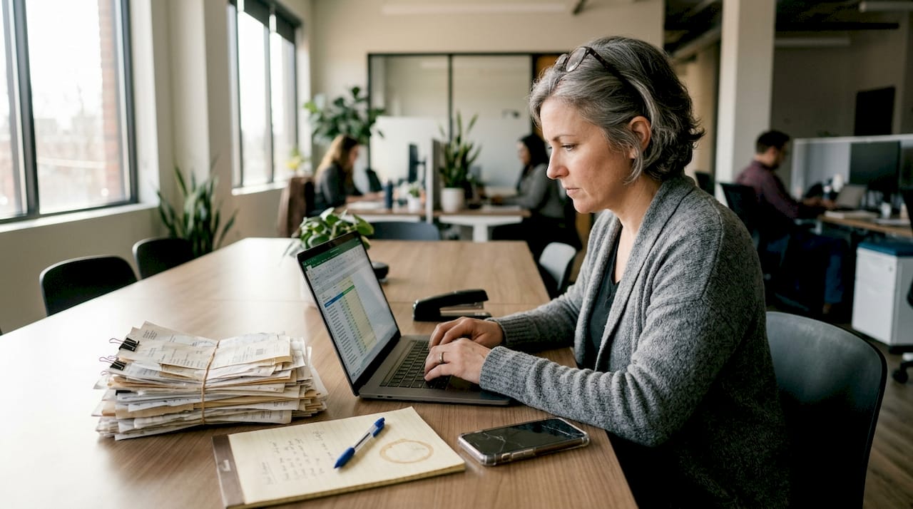 Bookkeeper entering business transactions at table