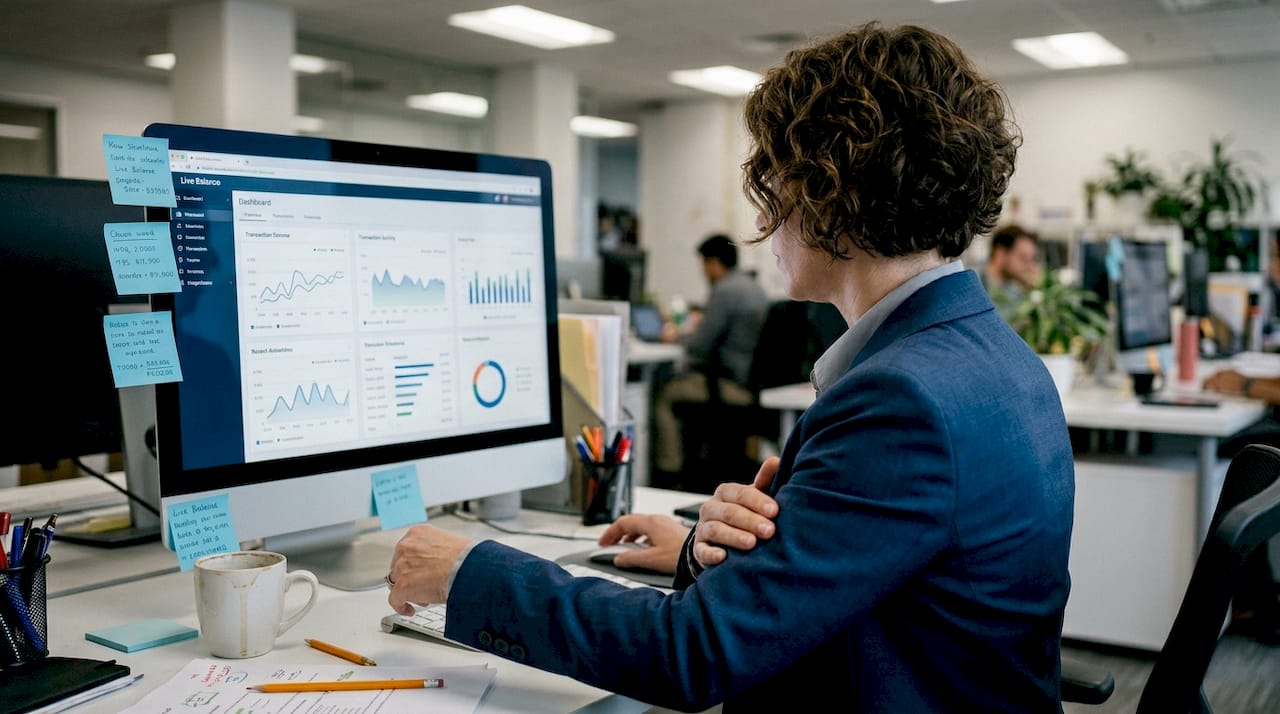 Finance manager reviews real-time business dashboard