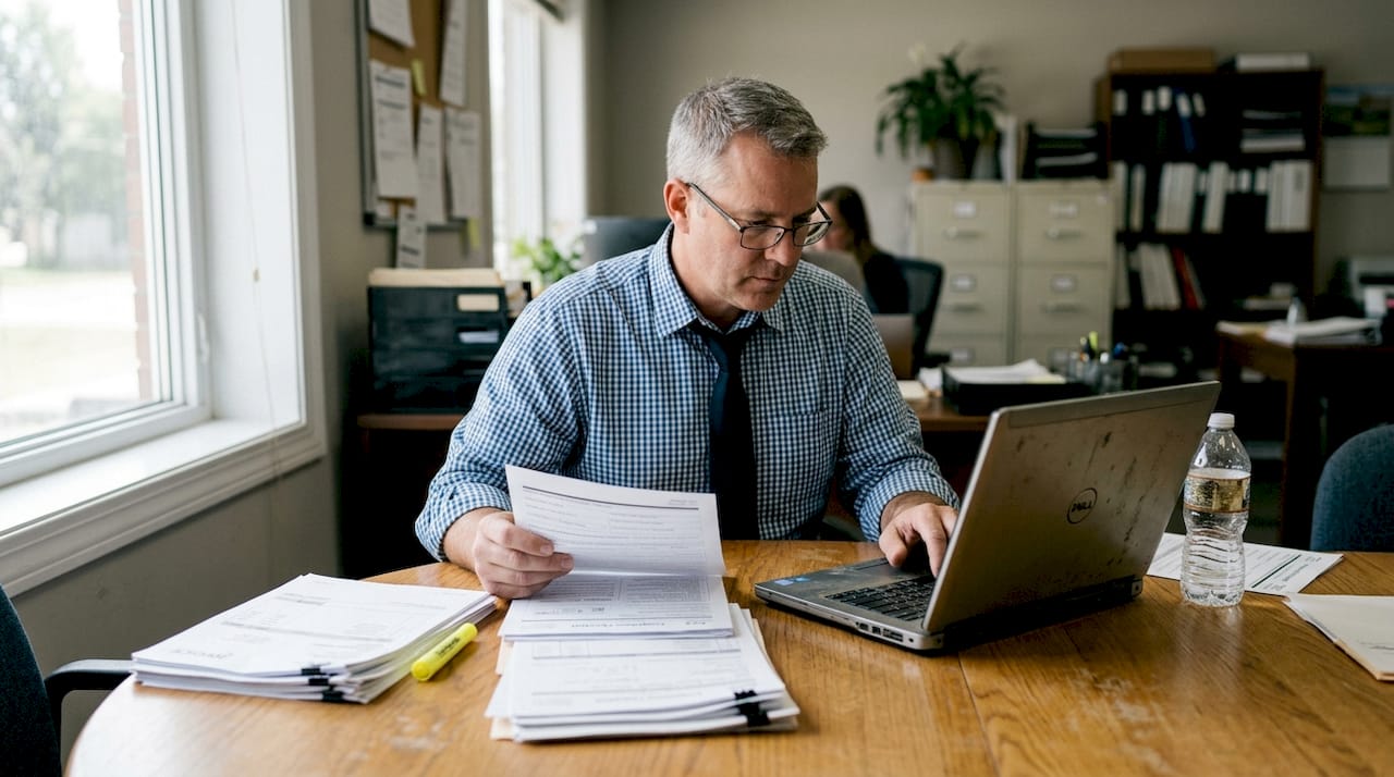 Manager organizing compliance paperwork at office table