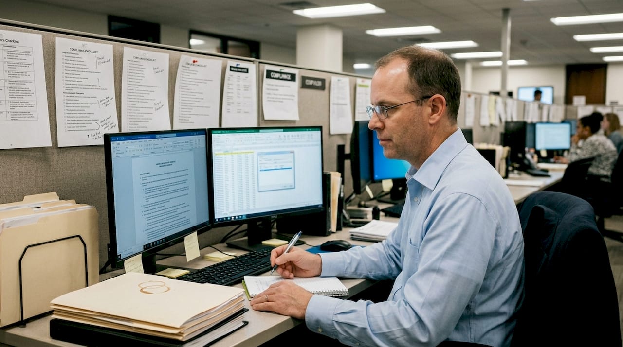 Compliance officer checks digital documents in office