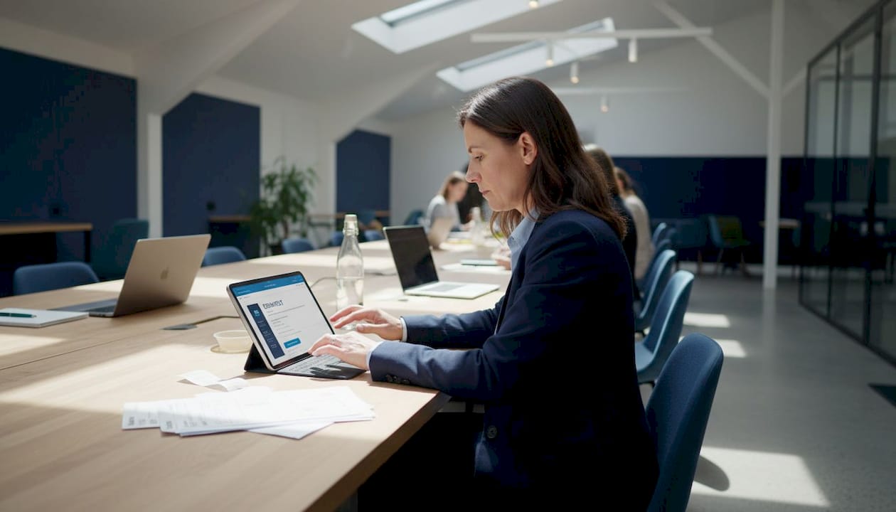 Manager processing digital SME payments at coworking table