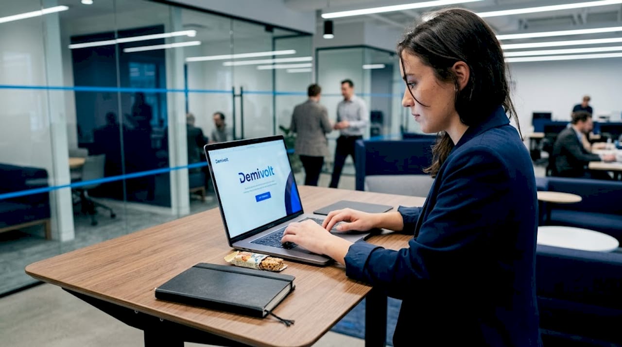 Business founder using fintech onboarding laptop