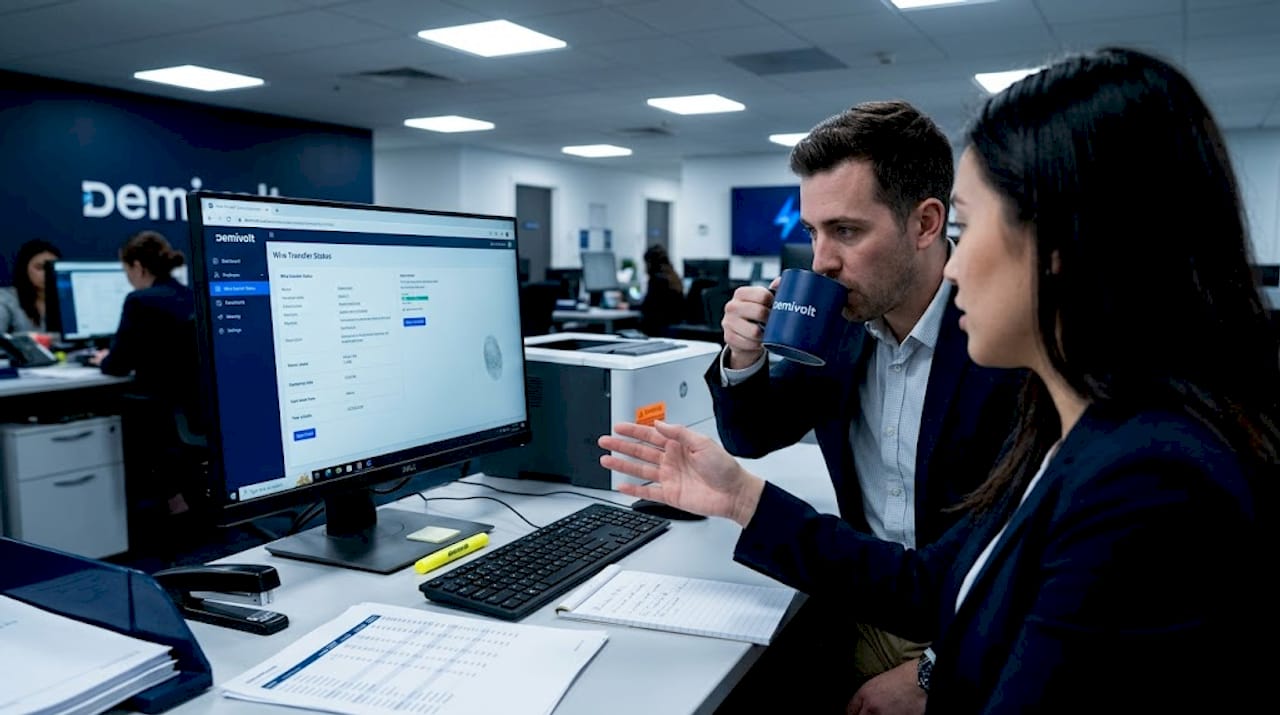 Team reviewing international payment progress