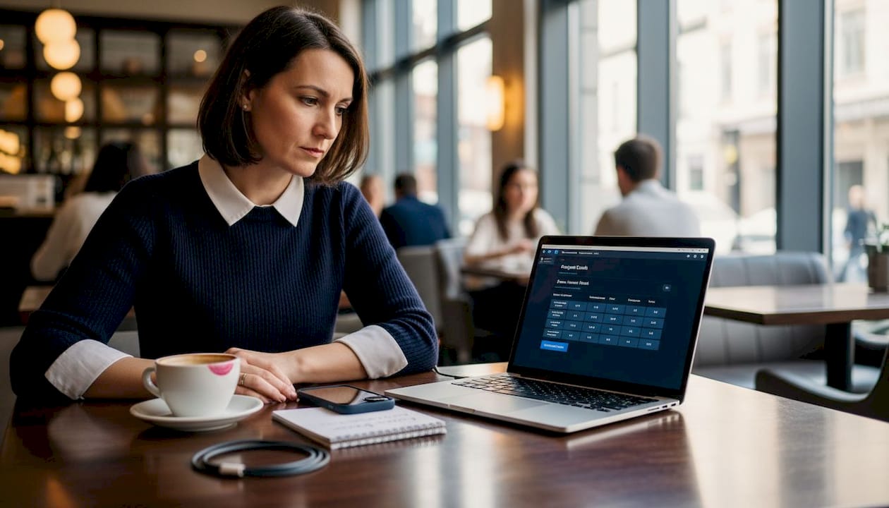 Woman checks details for international payment