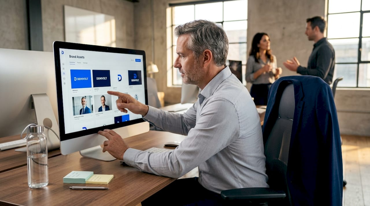 Manager preparing brand asset folder for team