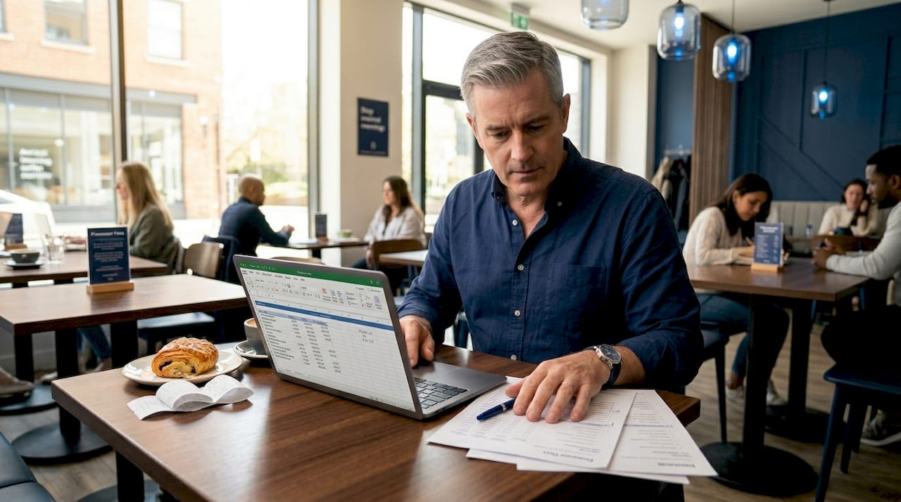 Accountant checking processor fee spreadsheet in café