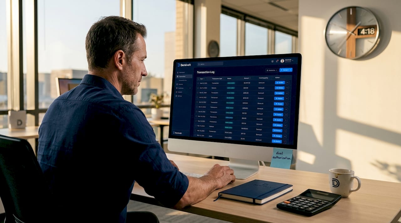 SME banker reviewing transaction controls desk